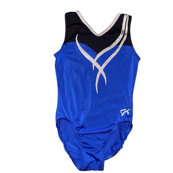GK Royal Blue & Black Gymnastics Leotard with shimmery silver accents Child Med - Picture 1 of 3